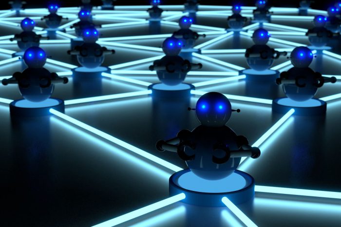 A collection of identical robot figures, standing on pedestals connected by glowing white lines forming a grid pattern