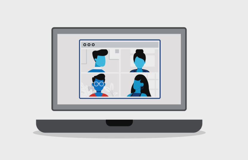 An illustration of a laptop screen displaying a video conferencing application with four participants in separate boxes