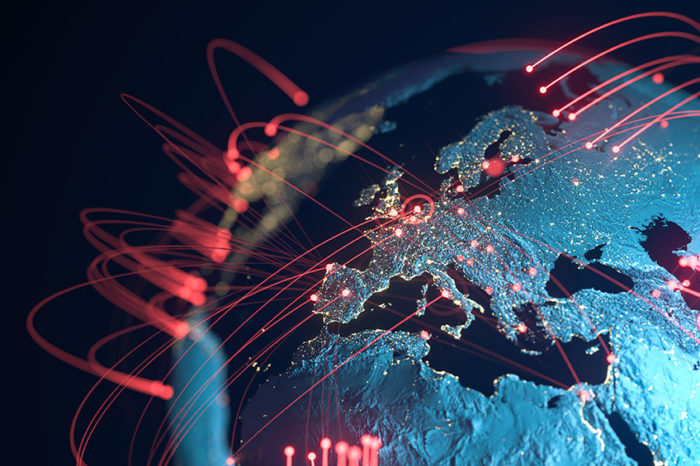 Blue globe focusing on Europe with red data lines and points