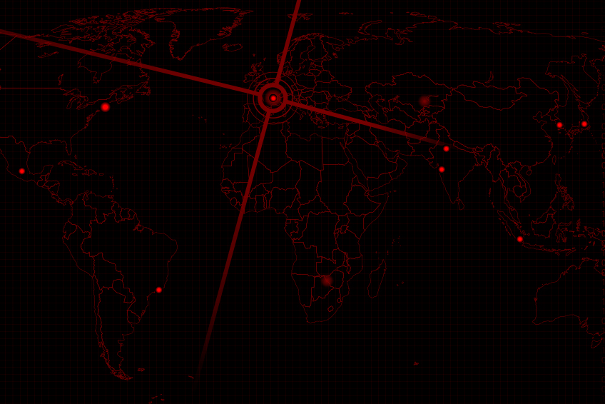 Black world map with red outlines and red target on Europe and points on other cities