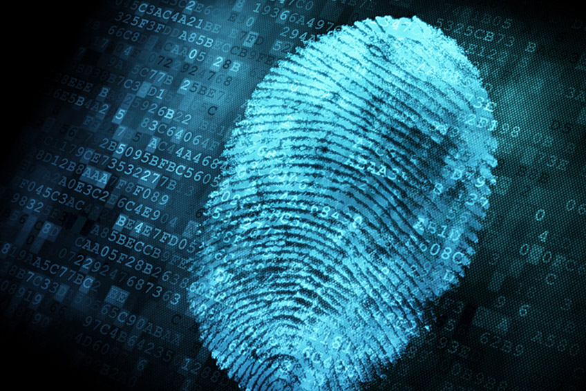 Blue digital image of human thumbprint over data points