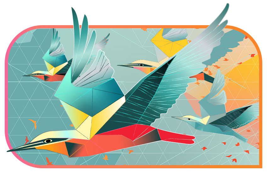 Abstract illustration of several yellow, red and blue birds flying on an orange and blue background